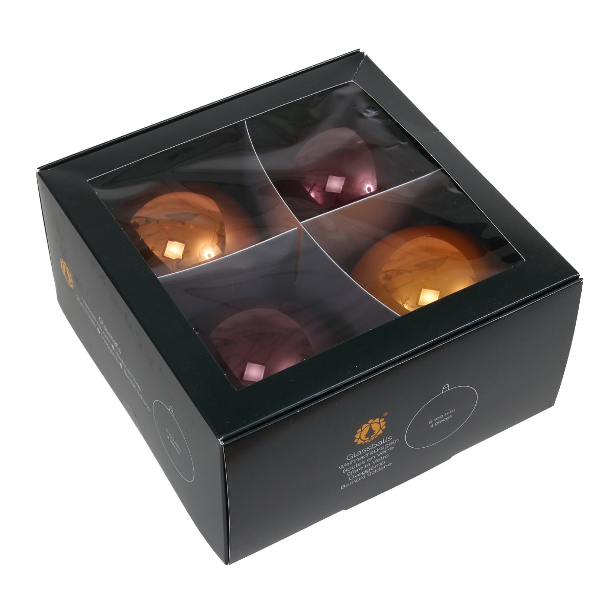 Set de patru globuri rotunde din sticla lucioasa in nuante de maro caramel pentru decorul bradului de Craciun