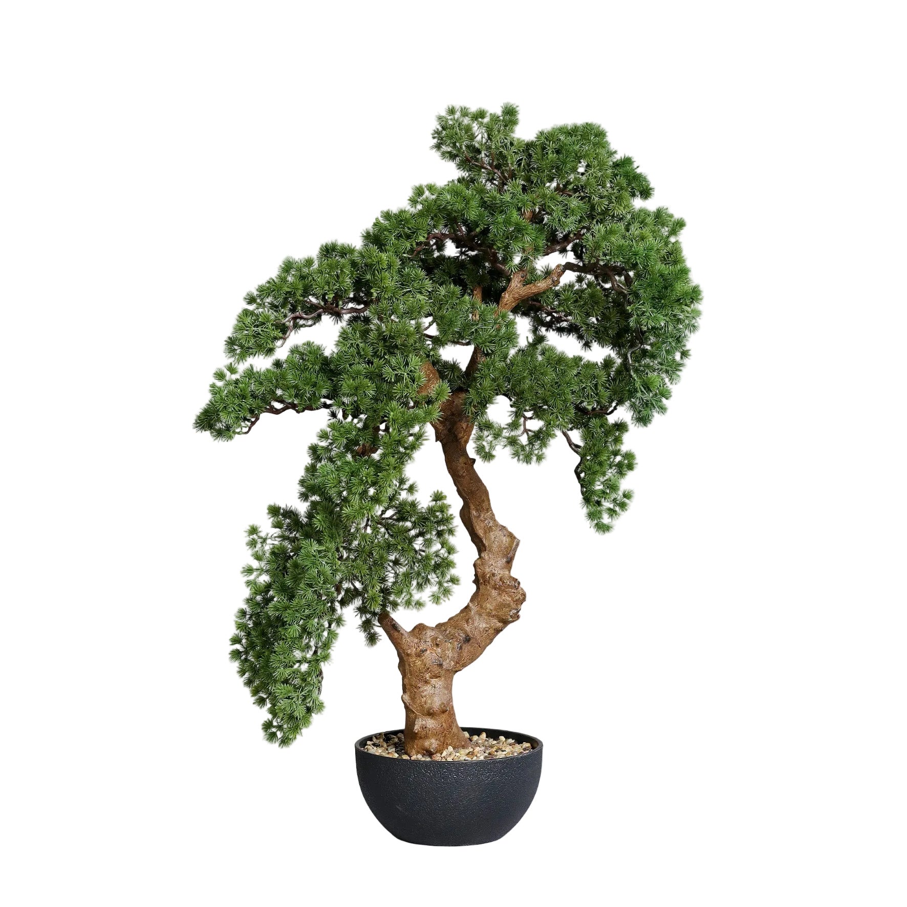 Bonsai artificial cu frunze verzi in ghiveci negru de plastic pe fundal neutru