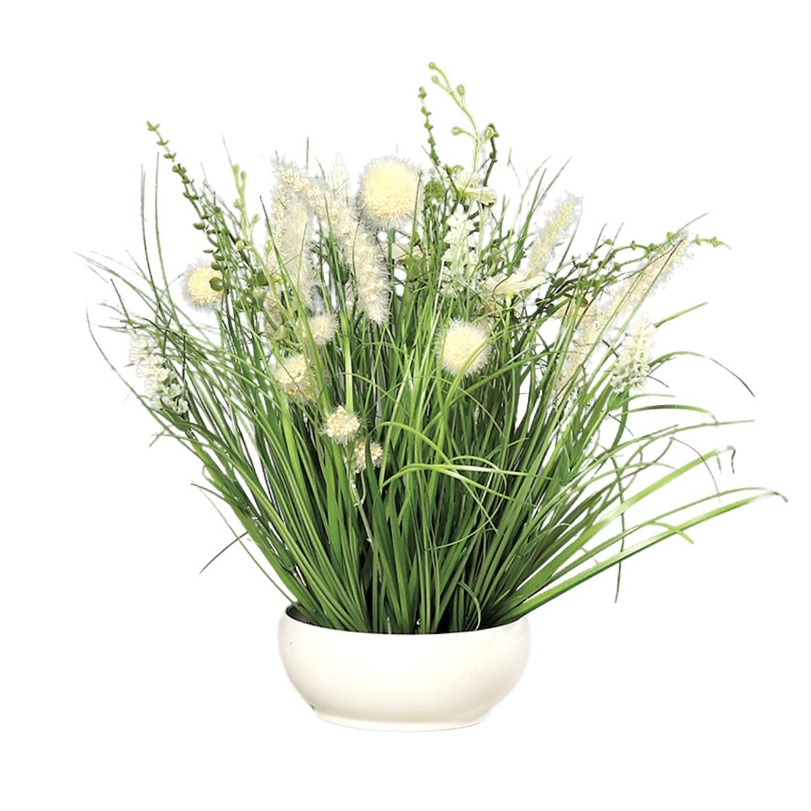 Aranjament flori de camp artificiale de culoare crem intr un vas de plastic cu inaltimea de 40 cm