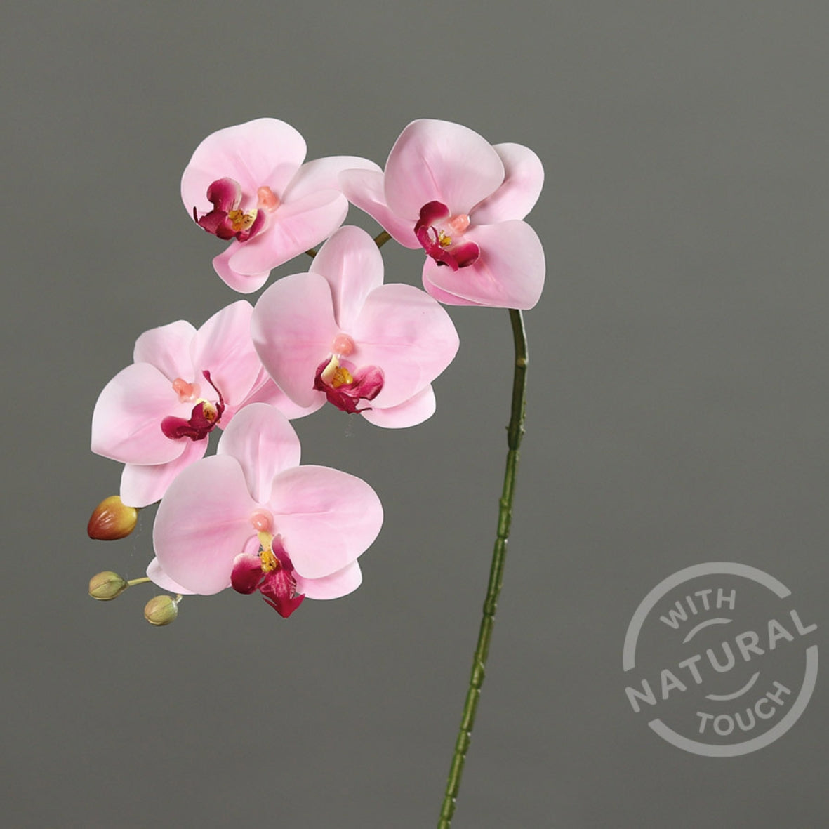 Orhidee artificiala Phalaenopsis roz deschis cu aspect 100% natural, fir, 52 cm