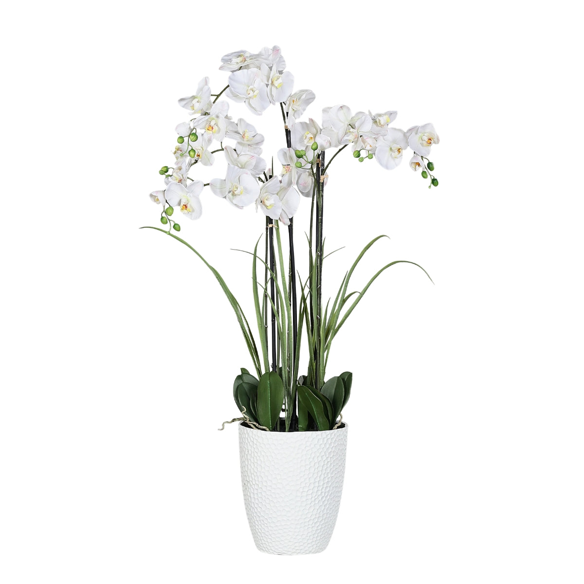 Aranjament cu orhidee artificiala alba si iarba in vas ceramic, 120 cm