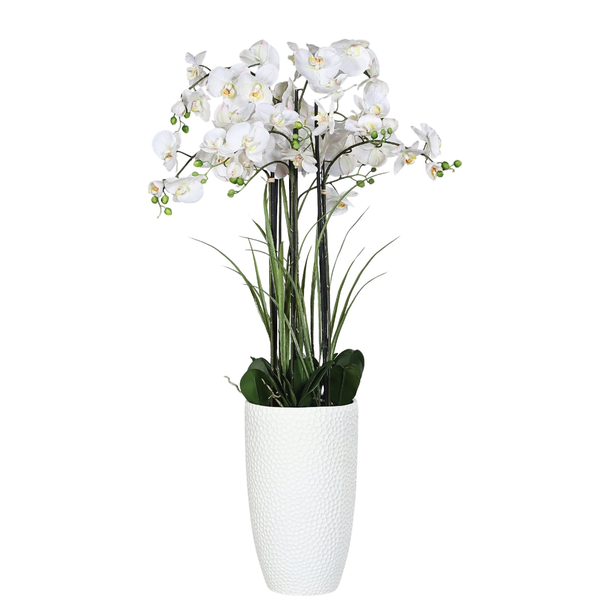 Aranjament cu orhidee artificiala alba si iarba in vas ceramic, 135 cm