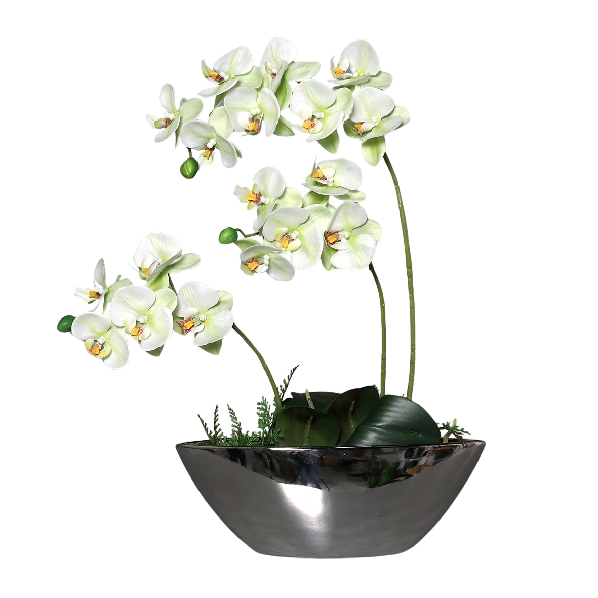 Orhidee artificiala alb-vernil in vas ceramic argintiu, 54 cm