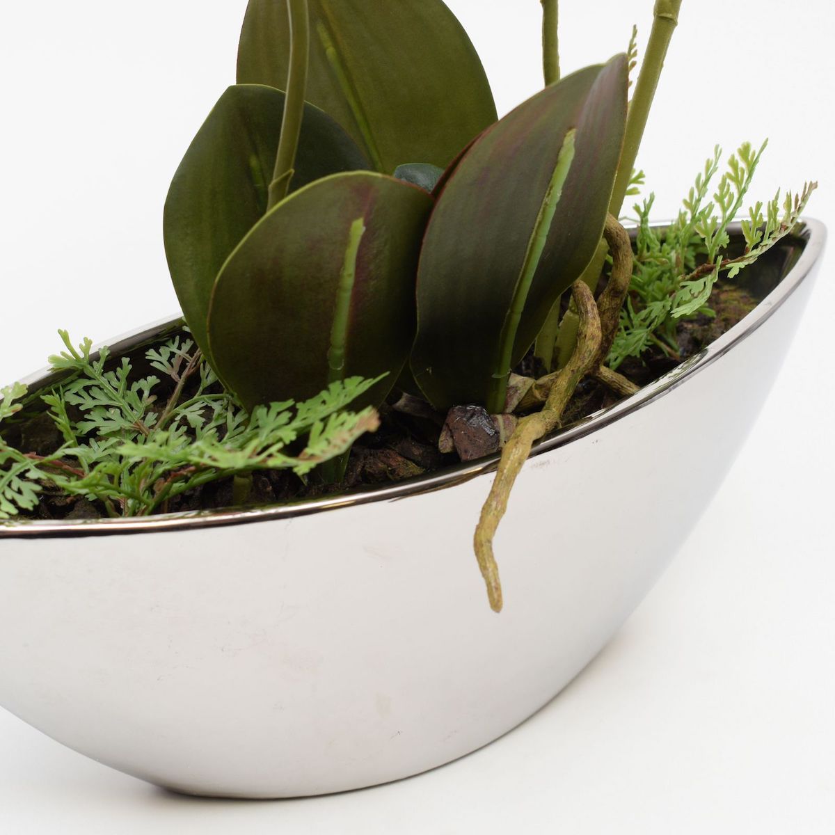 Orhidee artificiala alb-vernil in vas ceramic argintiu, 54 cm