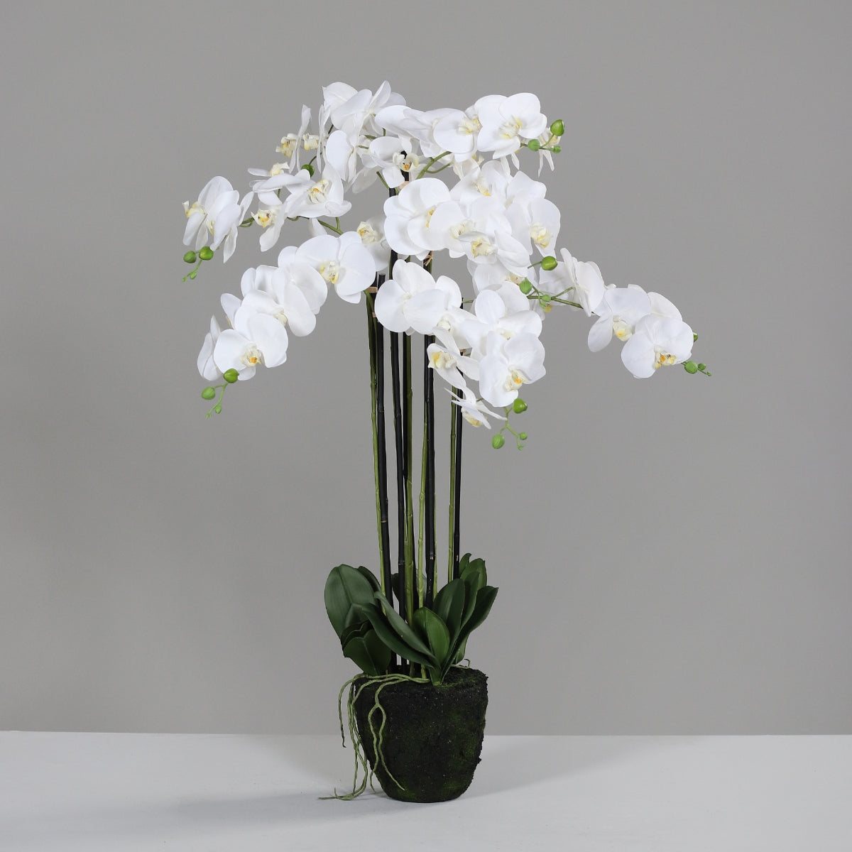 Orhidee artificiala alba cu aspect natural, in bila de pamant, 95 cm