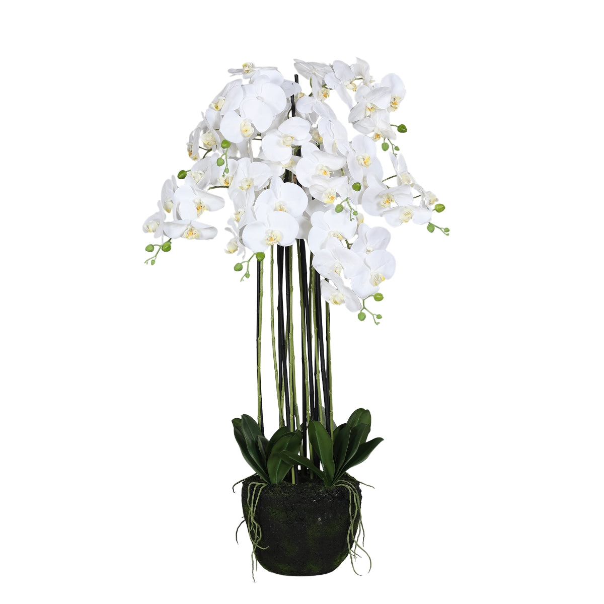 Orhidee artificiala alba cu aspect natural, in bila de pamant, 110 cm