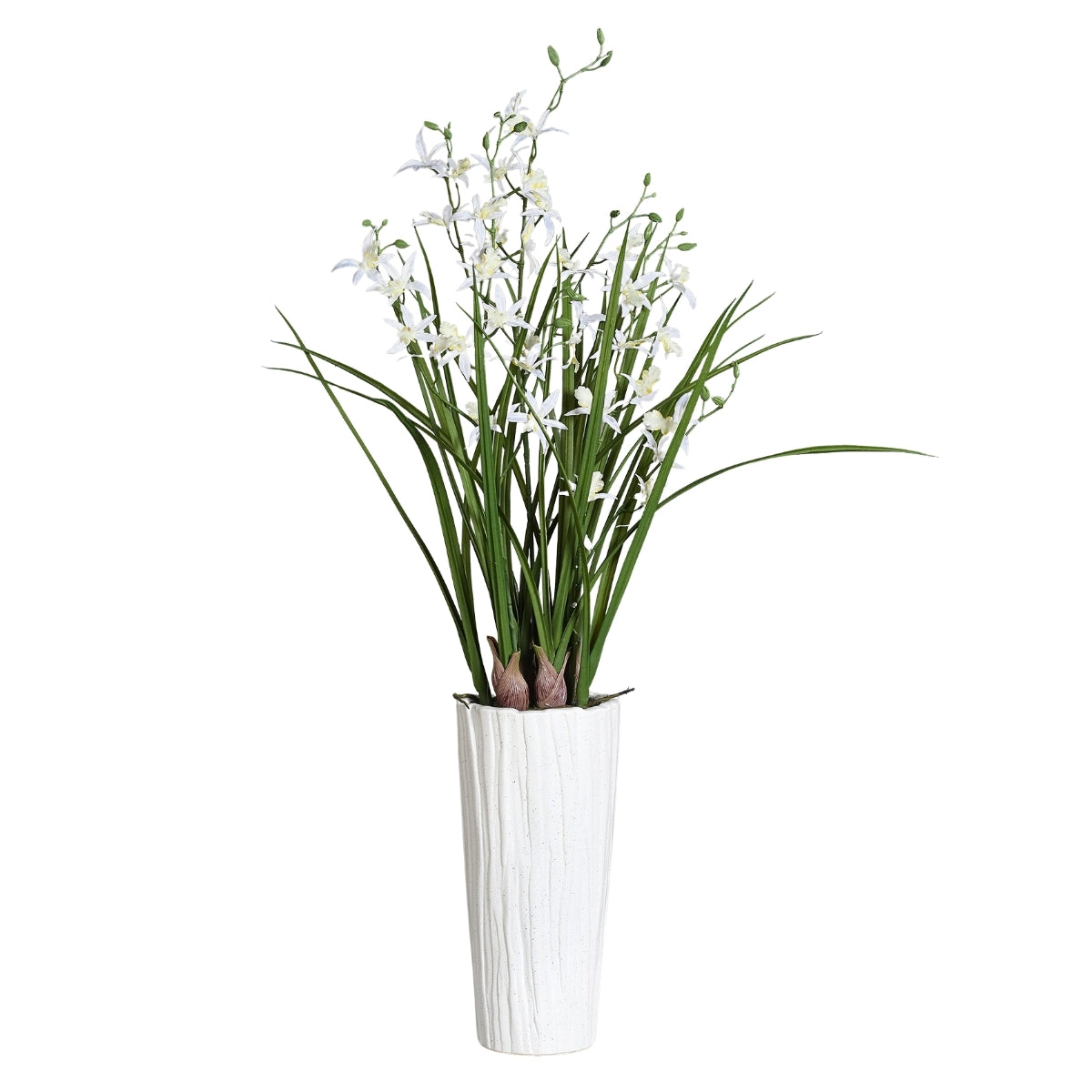 Aranjament cu orhidee artificiala Spider alba in vas ceramic, 92 cm