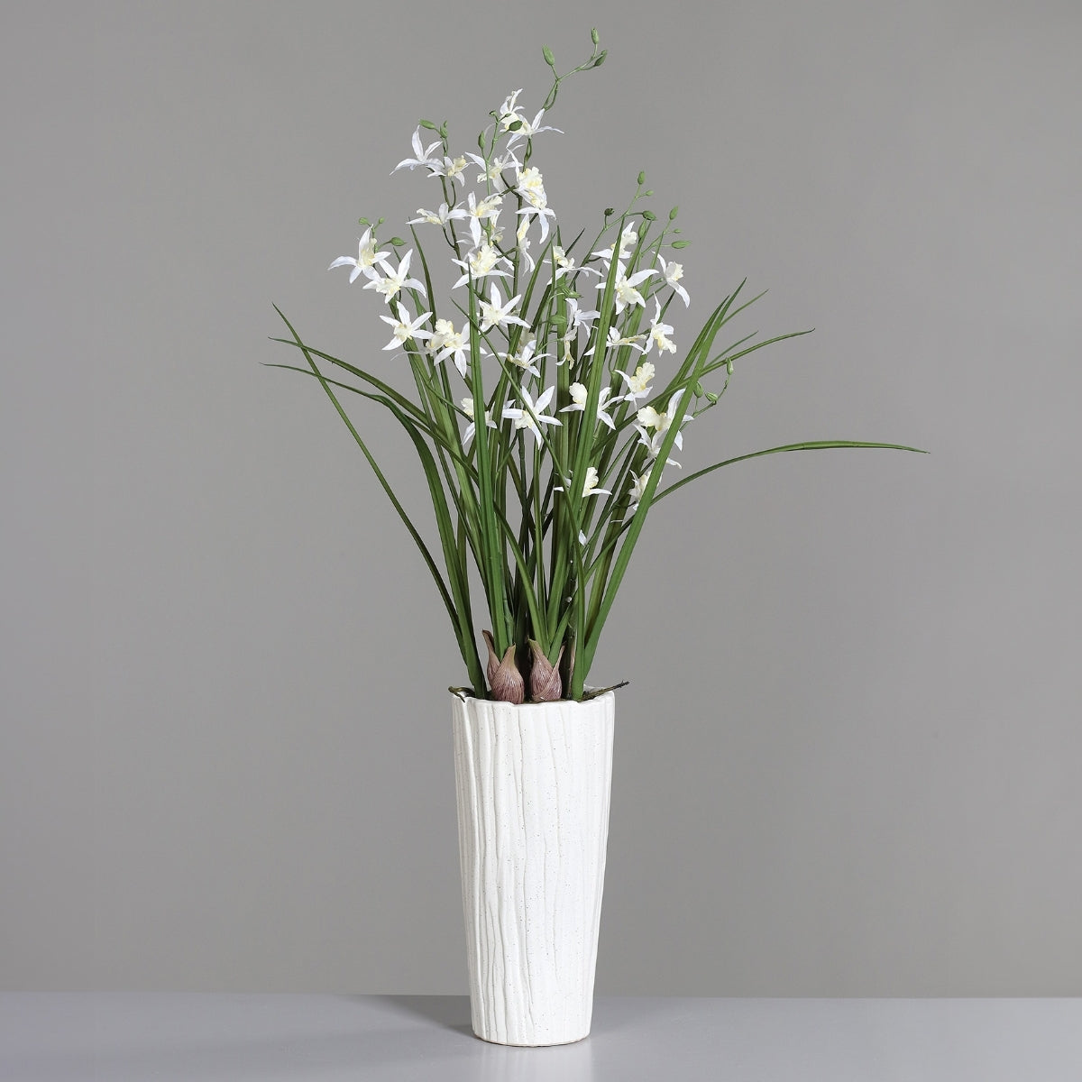 Aranjament cu orhidee artificiala Spider alba in vas ceramic, 92 cm