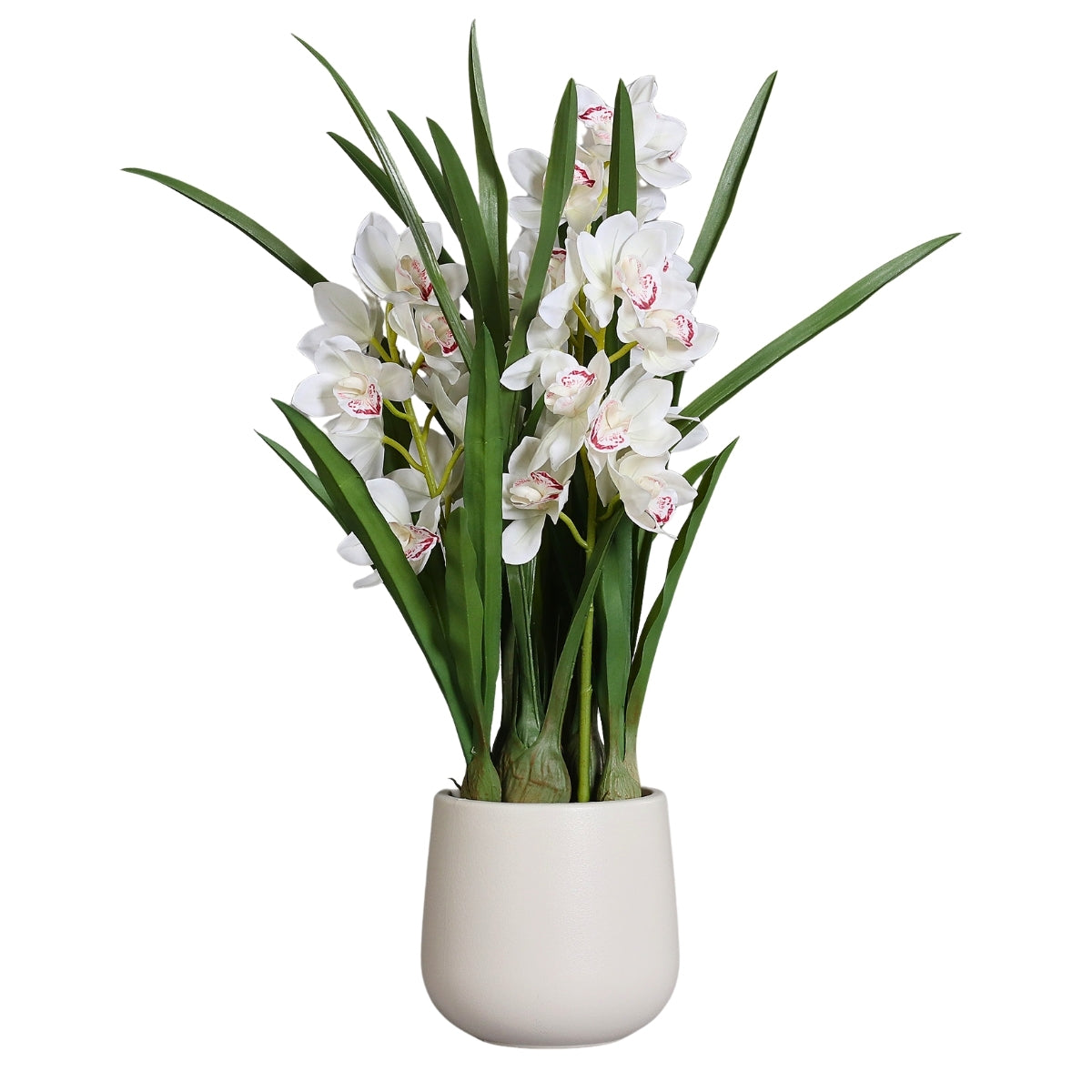 Aranjament cu orhidee artificiala Cymbidium alba in vas de plastic, 100 cm