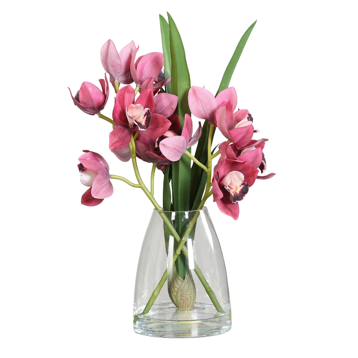 Aranjament premium cu orhidee artificiala Cymbidium roz inchis in vas de sticla, 48 cm