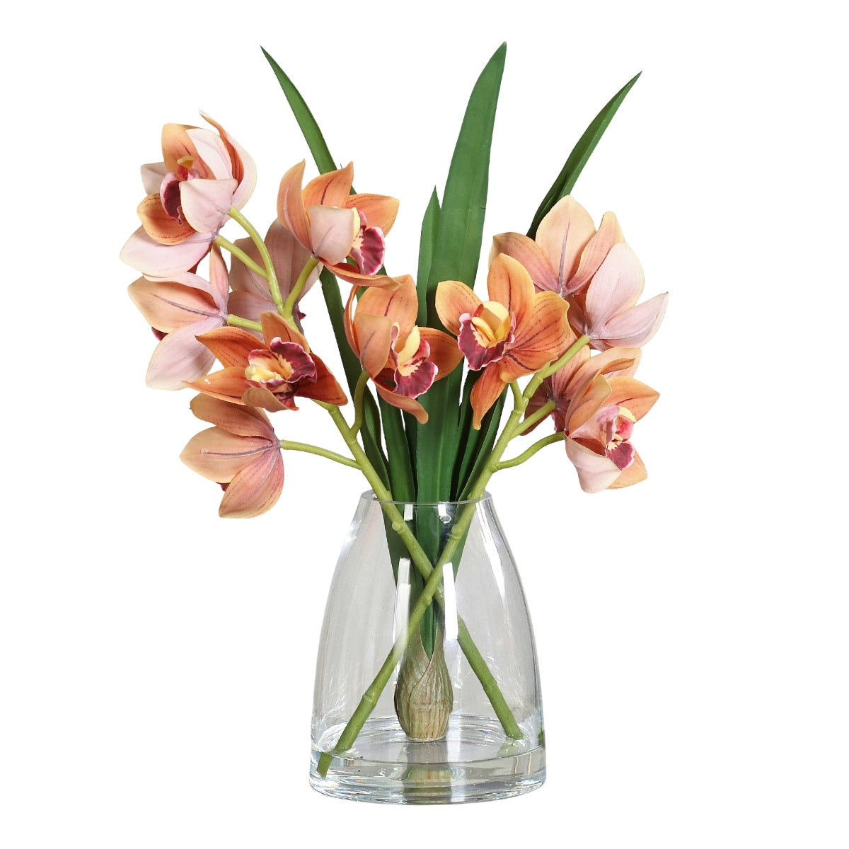 Aranjament premium cu orhidee artificiala Cymbidium portocaliu in vas de sticla, 48 cm