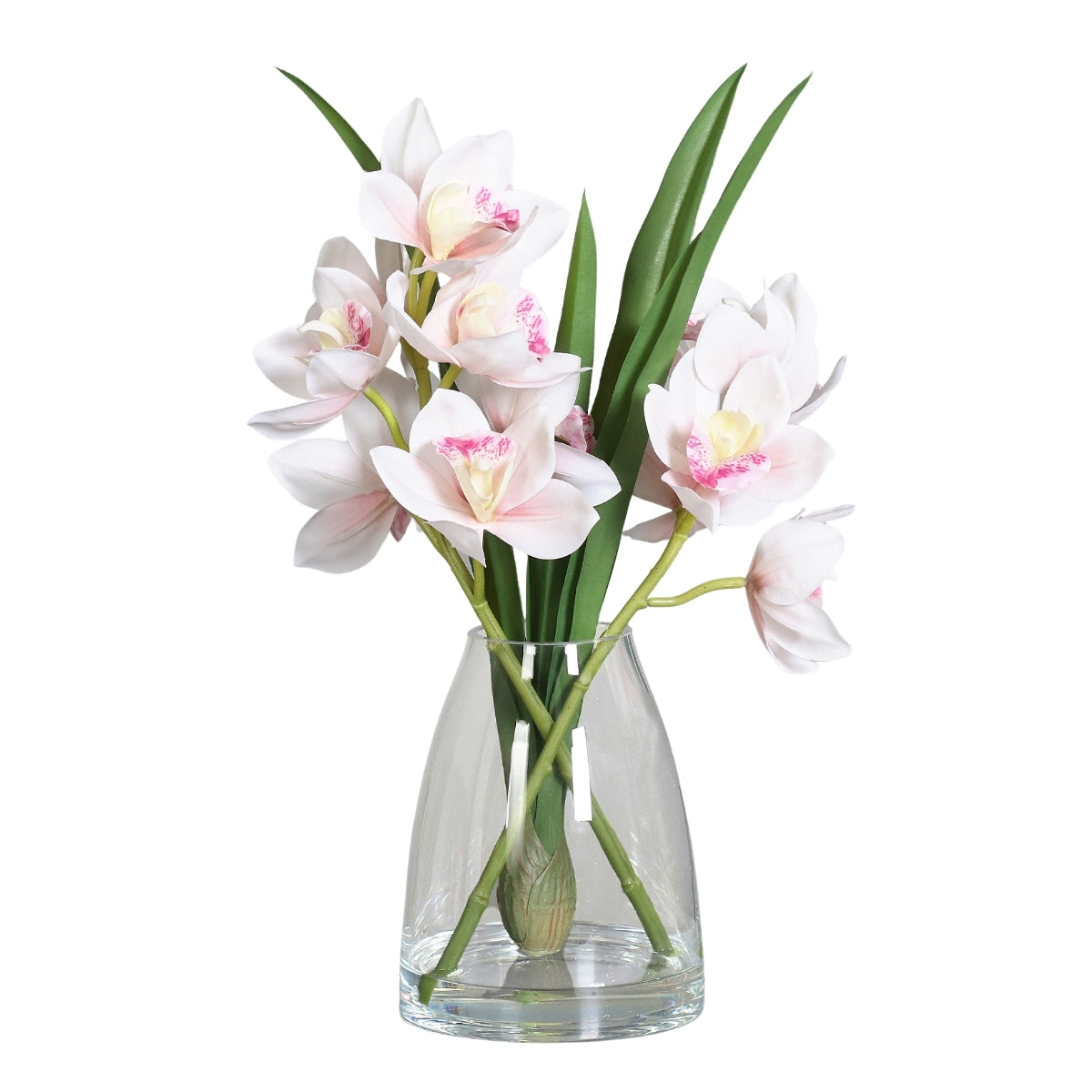 Aranjament premium cu orhidee artificiala Cymbidium roz pal in vas de sticla, 48 cm