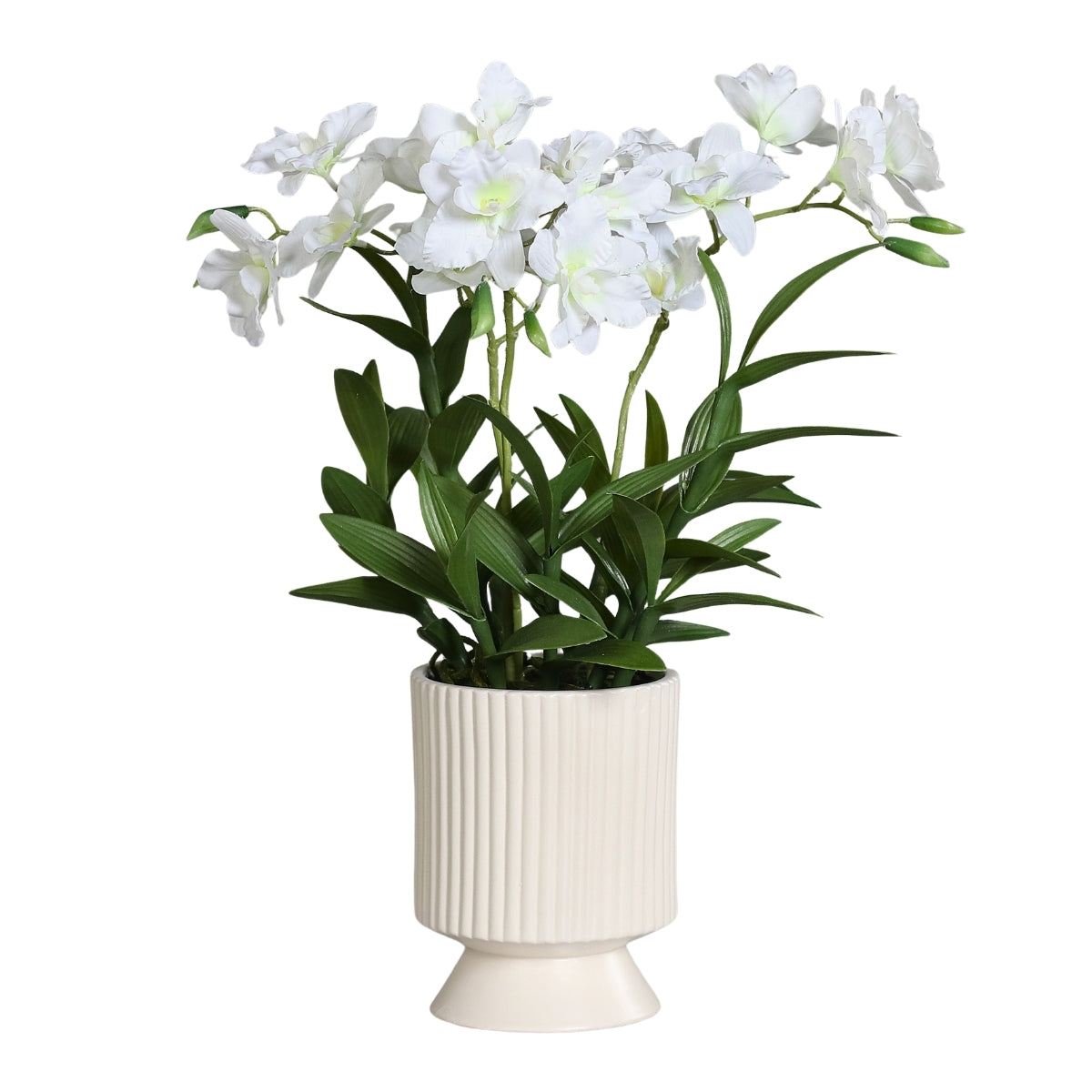 Aranjament cu orhidee artificiala Dendrobium alba in vas ceramic, 47 cm