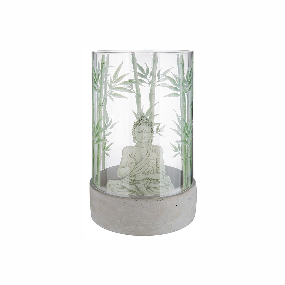 Suport lumanare din sticla cu chipul lui Buddha inaltime douazeci si cinci centimetri