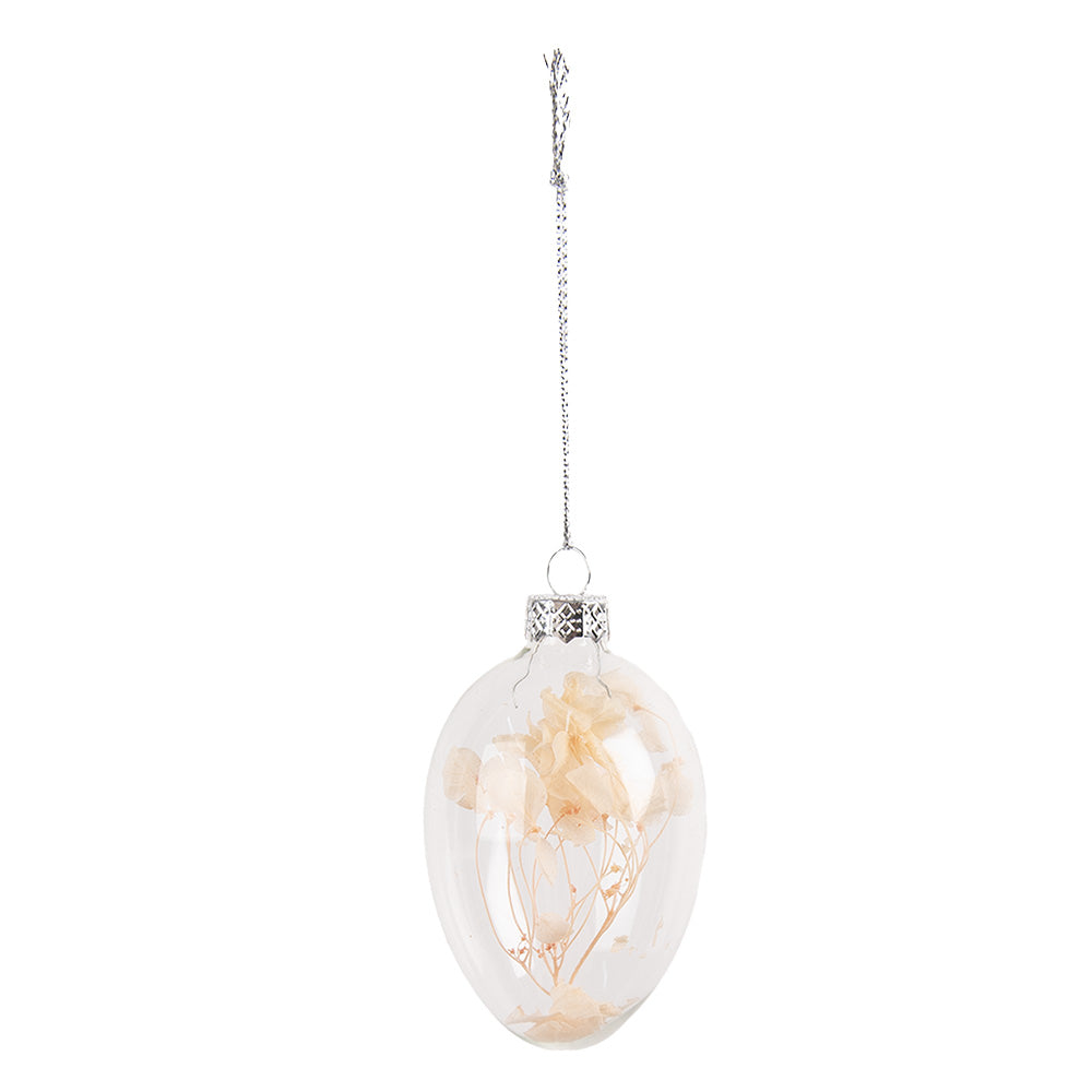Decoratiune de Pasti suspendabila in forma de ou din sticla cu floare crem de opt centimetri