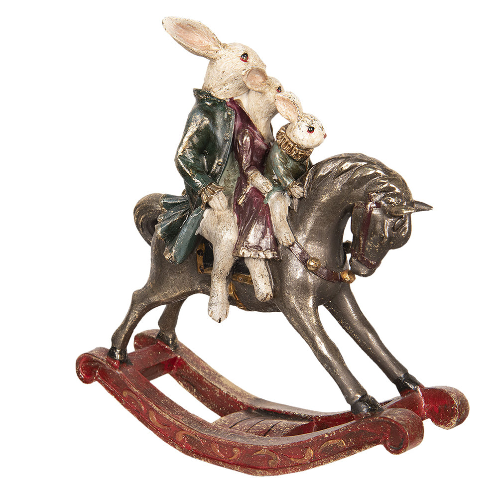 Decoratiune Pasti familie 3 iepurasi pe calut balansoar, model antichizat, 30 cm