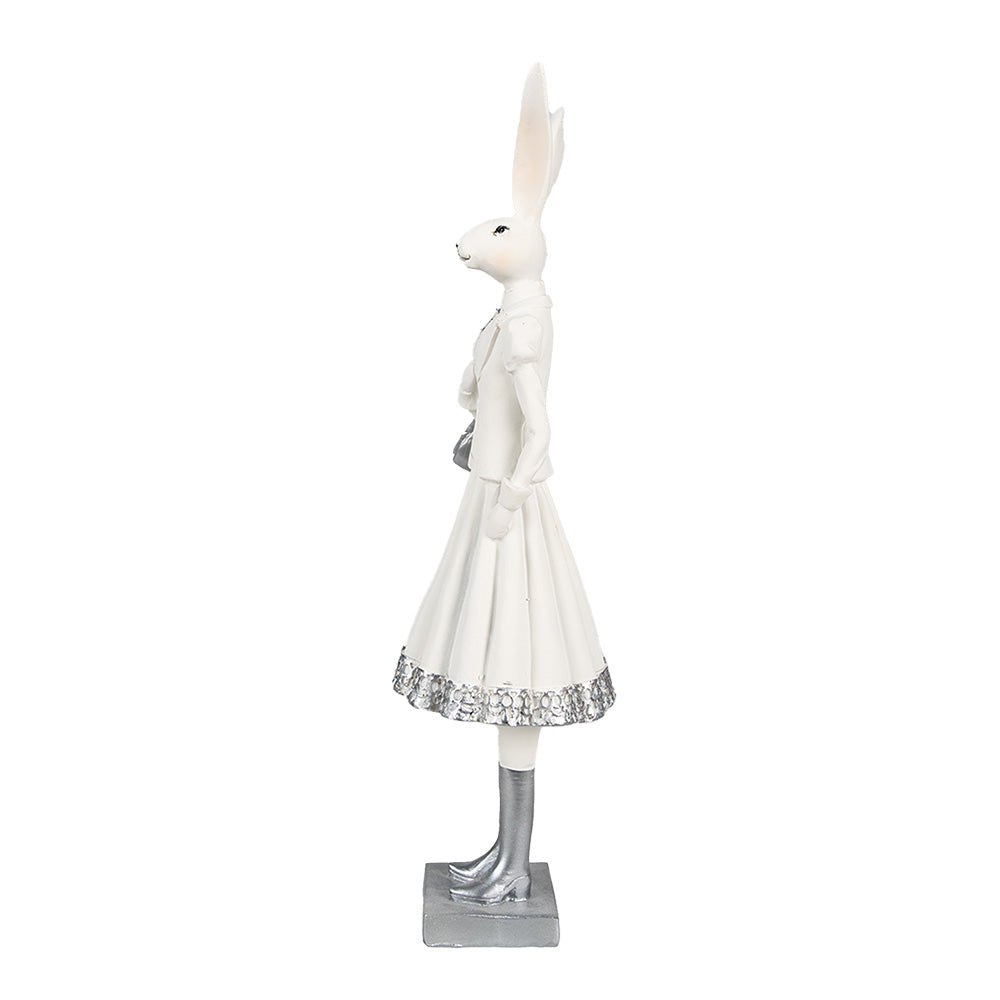 Decoratiune Pasti iepuras doamna in costum elegant alb cu argintiu, 31 cm