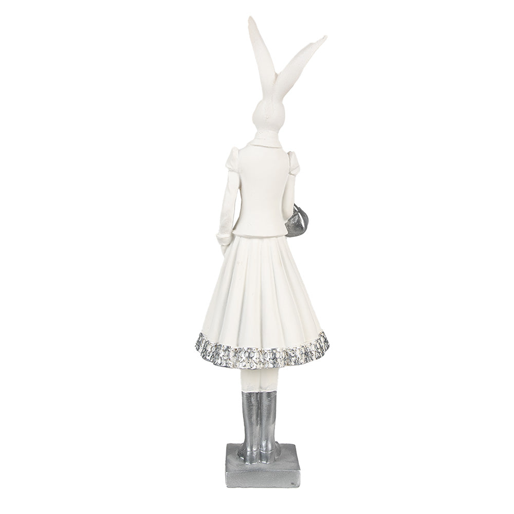 Decoratiune Pasti iepuras doamna in costum elegant alb cu argintiu, 31 cm
