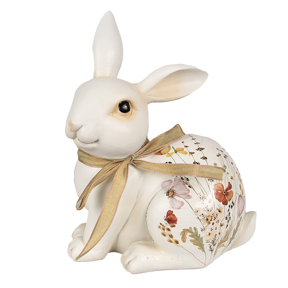 Decoratiune de Paste in forma de iepuras alb cu imprimeuri florale colorate avand inaltimea de 19 centimetri