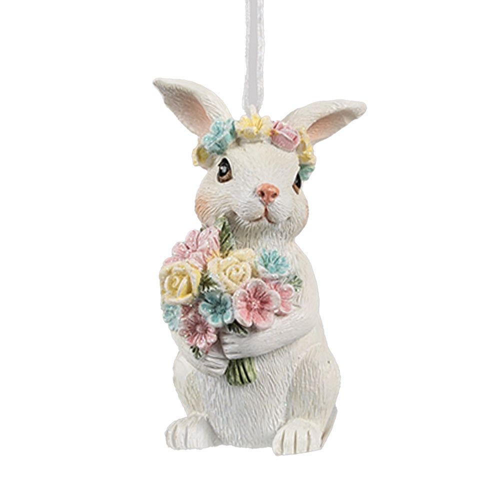 Decoratiune de agatat pentru Paste reprezentand un iepuras cu buchet de flori de opt centimetri