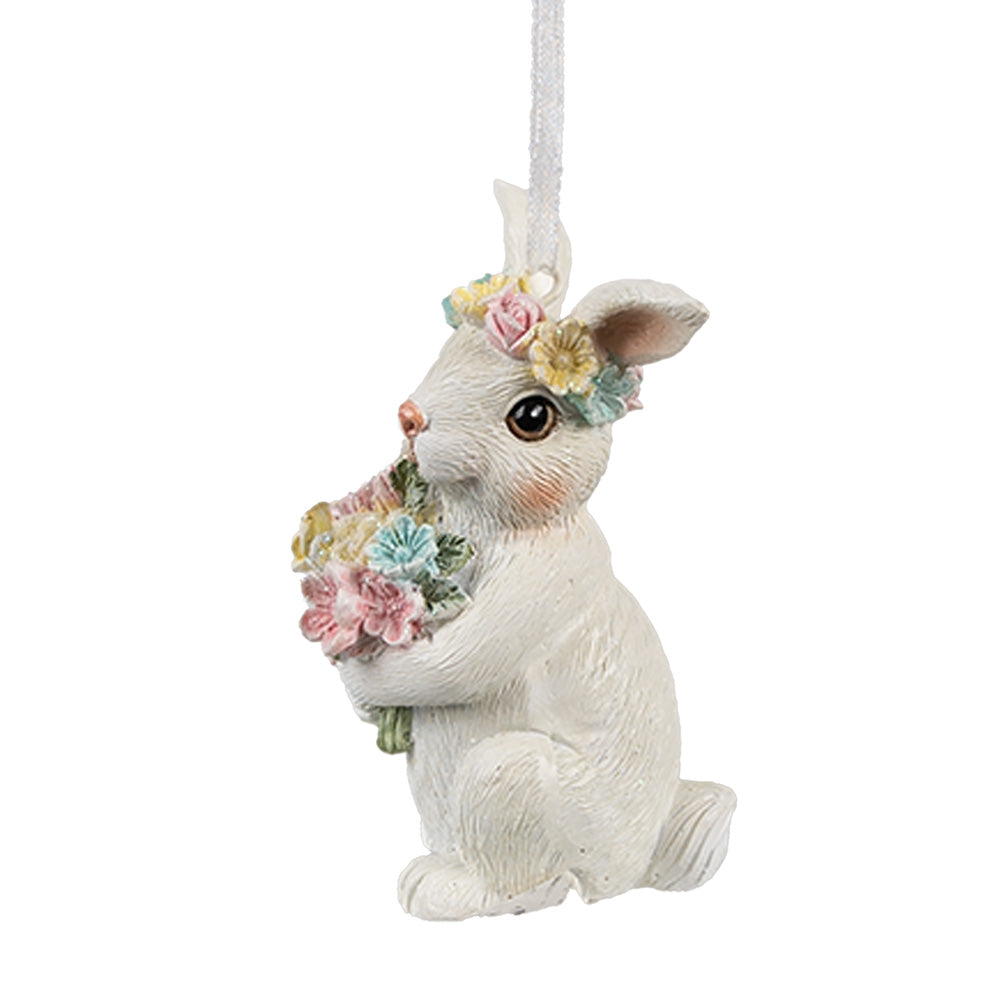 Decoratiune Pasti de agatat iepuras cu buchet de flori, 8 cm