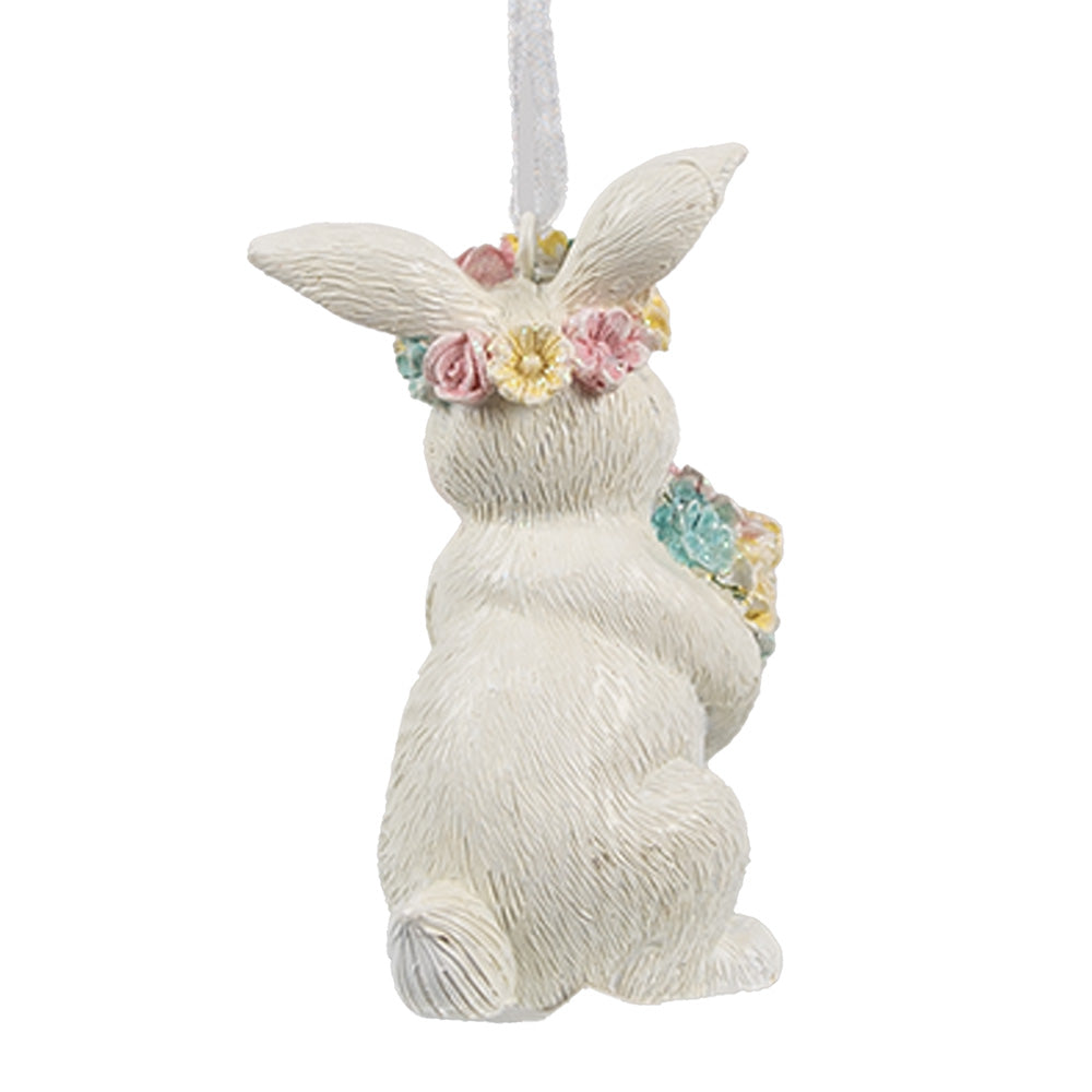 Decoratiune Pasti de agatat iepuras cu buchet de flori, 8 cm