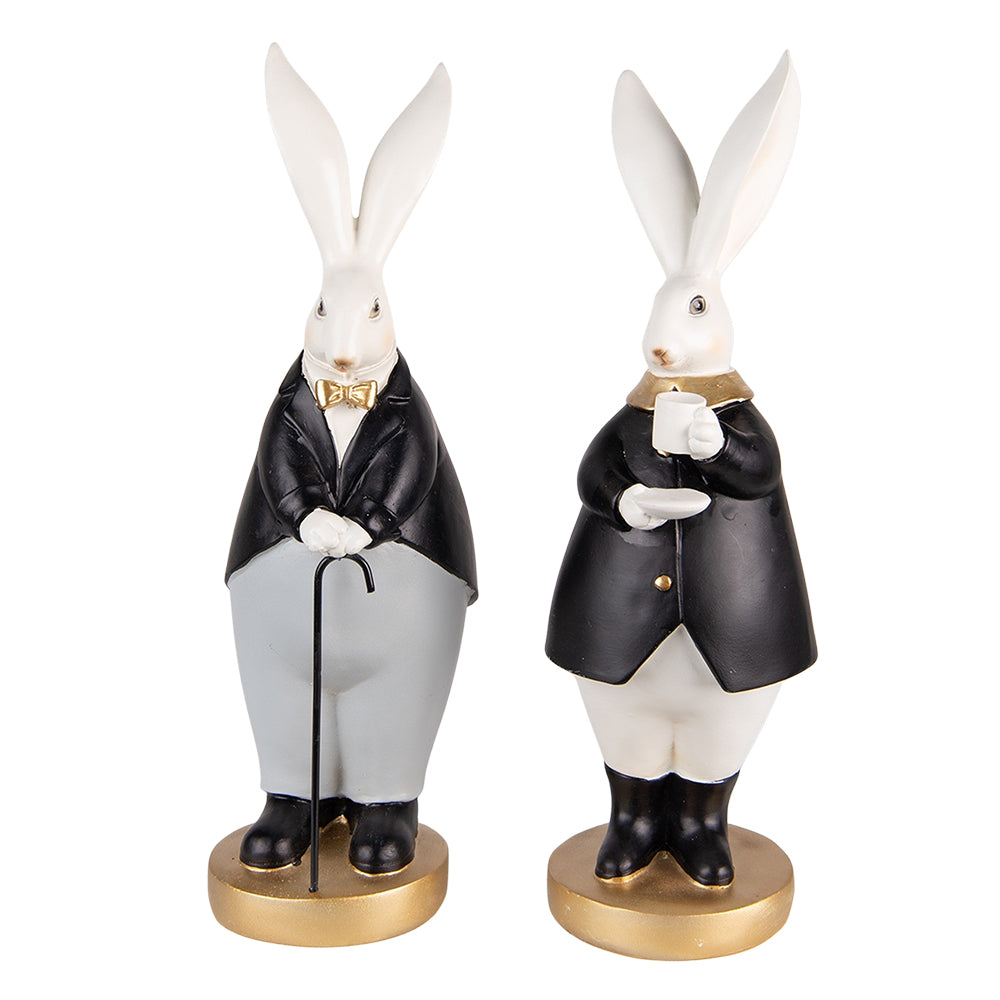Set doua figurine decorative de Paste reprezentand o pereche de iepurasi imbracati elegant avand inaltimea de treizeci si patru centimetri