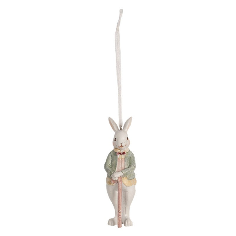 Figurina de agatat pentru Paste iepuras alb cu costumas verde de zece centimetri decoratiune de primavara