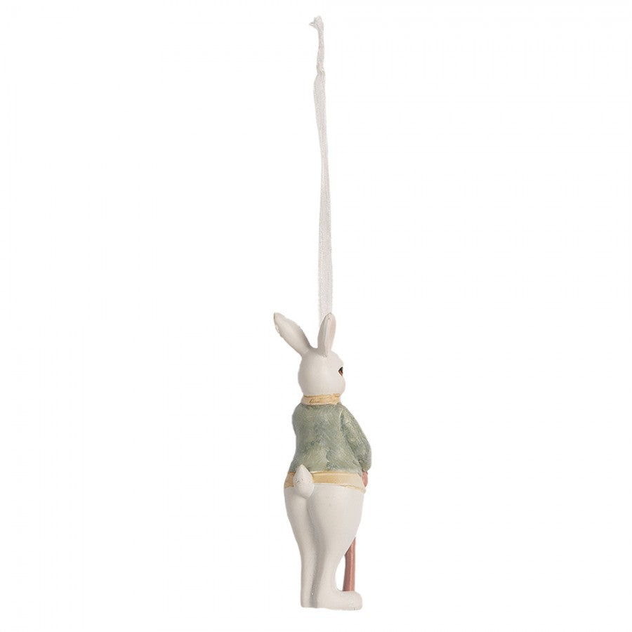 Figurina Pasti de agatat, iepuras alb cu costumas verde 10 cm