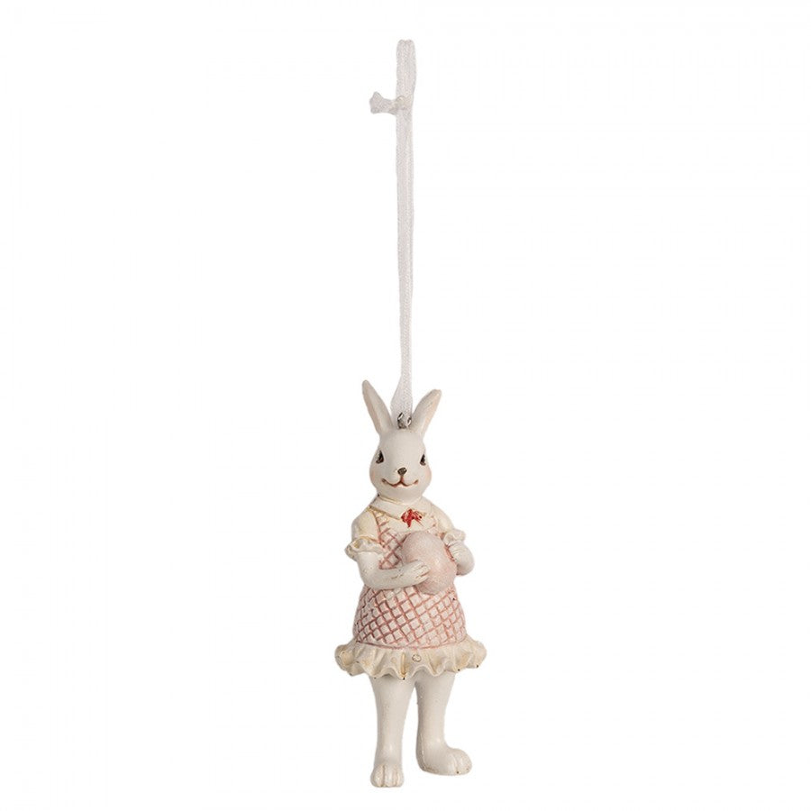 Figurina de Pasti de agatat iepuroaica alba cu rochita roz de zece centimetri pentru decorul de primavara