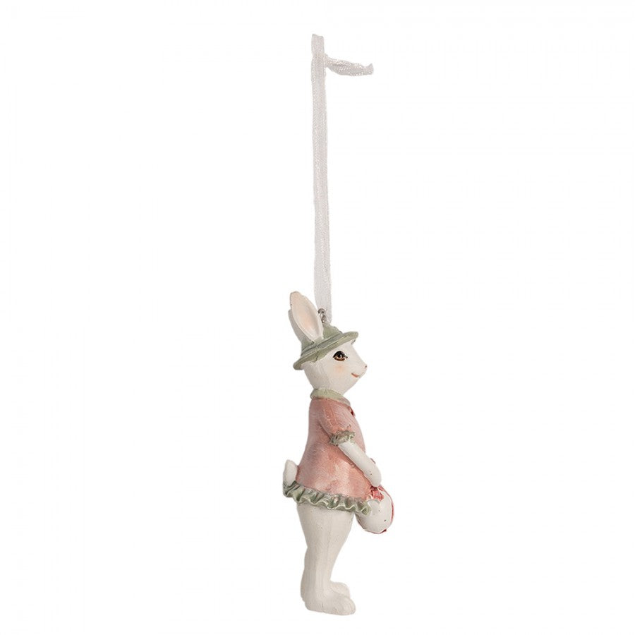 Figurina Pasti de agatat, iepuroaica alba cu rochita roz si palarie 10 cm
