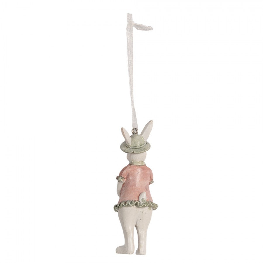 Figurina Pasti de agatat, iepuroaica alba cu rochita roz si palarie 10 cm
