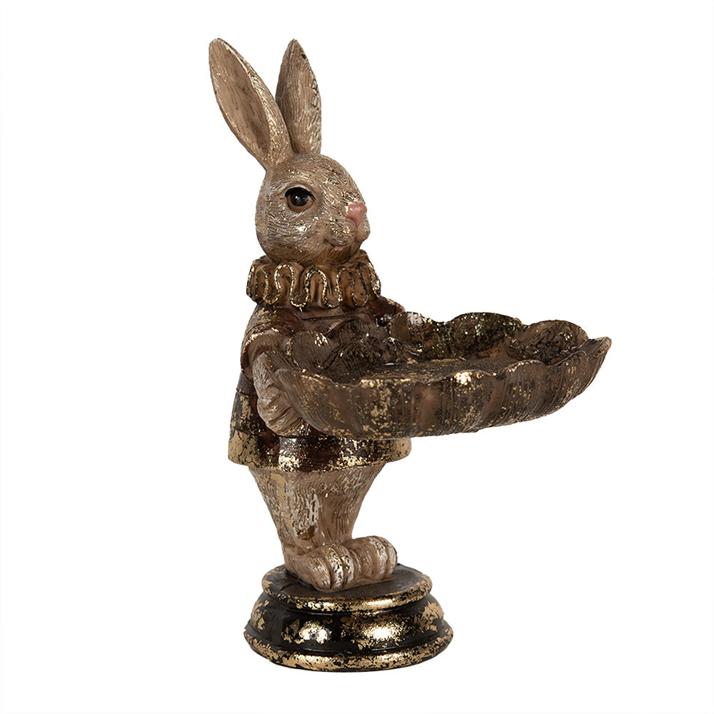 Decoratiune Pasti iepuras cu platou pentru dulciuri, model aramiu antichizat, 15 cm