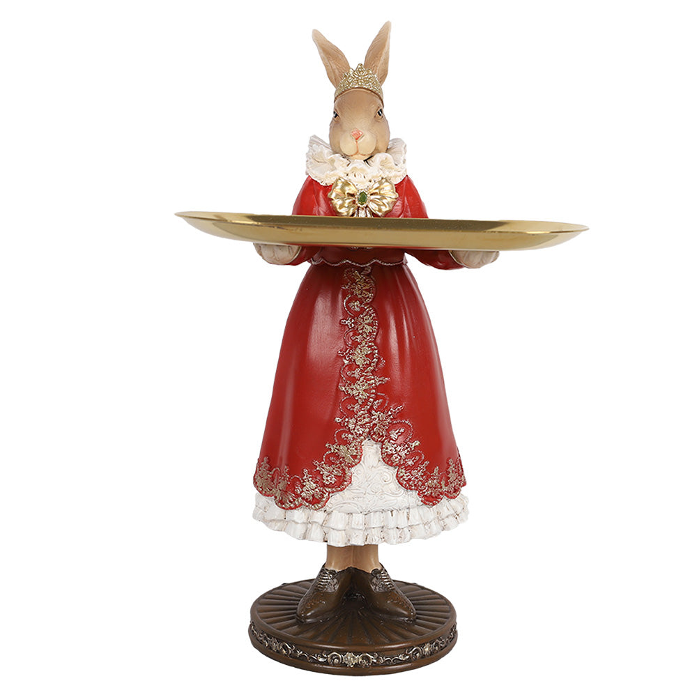 Decoratiune de Paste reprezentand o figurina doamna iepuras eleganta imbracata festiv tinand un platou pentru servit dulciuri
