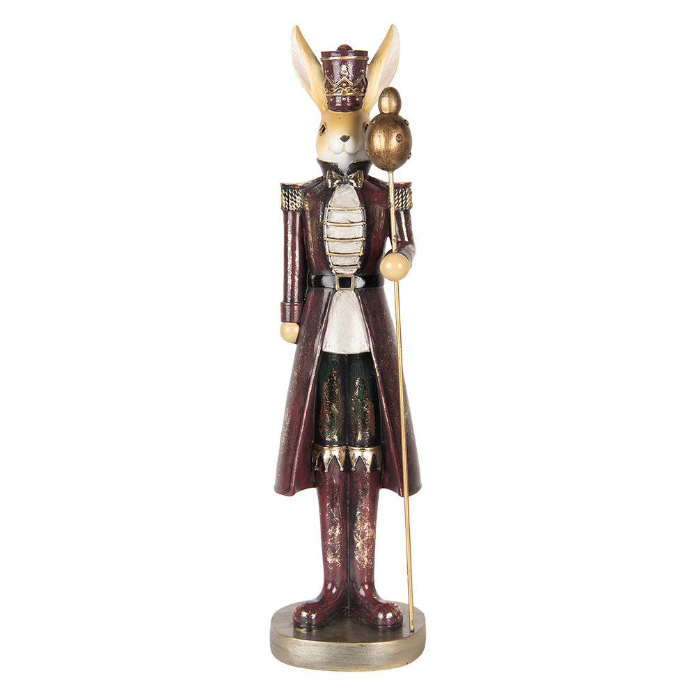 Decoratiune de Paste iepuras imbracat in costum visiniu de ofiter cu detalii aurii tinand un sceptru in mana inaltime de 47 cm