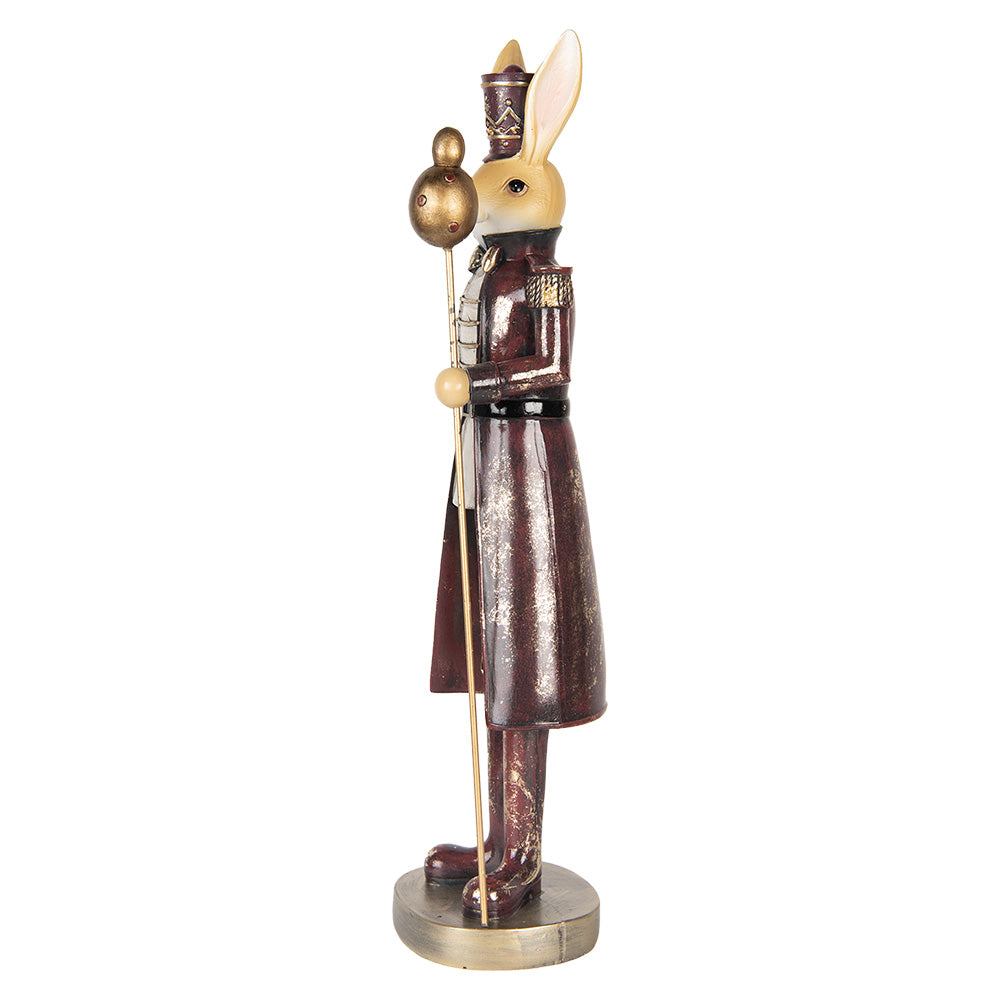 Decoratiune Pasti iepuras in costum visiniu de ofiter cu sceptru, 47 cm