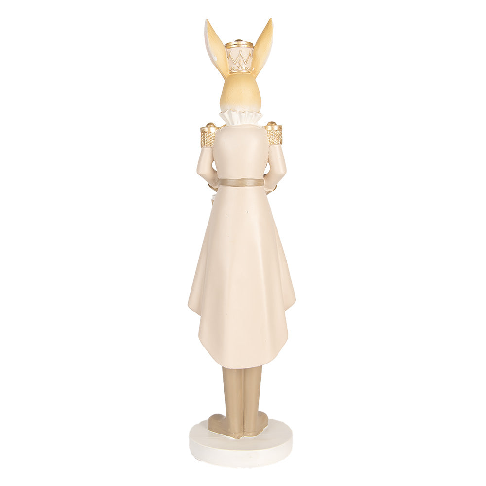 Decoratiune Pasti Doamna Iepuras in costum crem auriu de ofiter cu toba, 47 cm