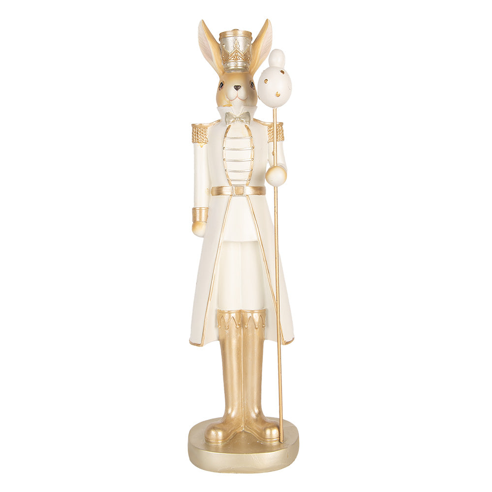 Decoratiune de Paste iepuras in costum de ofiter crem cu auriu tinand un sceptru
