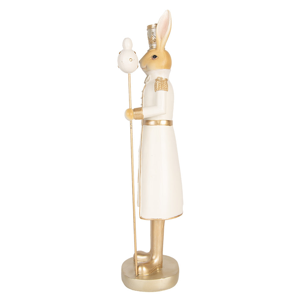 Decoratiune Pasti iepuras in costum crem auriu de ofiter cu sceptru, 47 cm