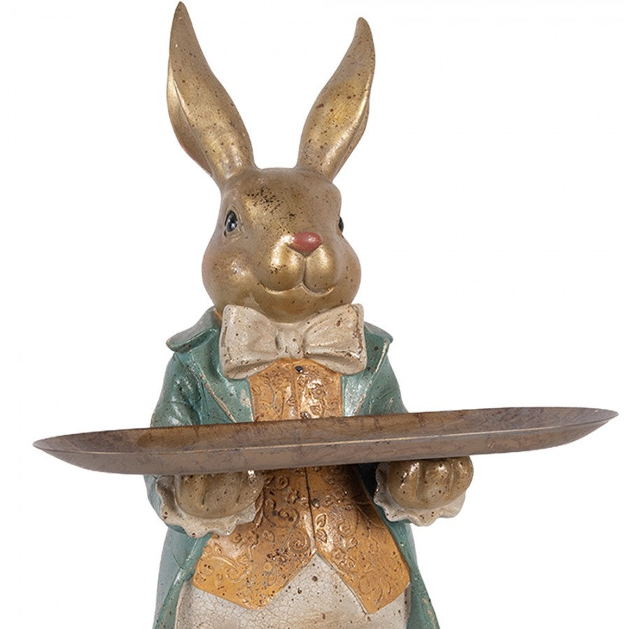 Decoratiune Pasti iepuras elegant cu platou pentru dulciuri, model antichizat, 46 cm
