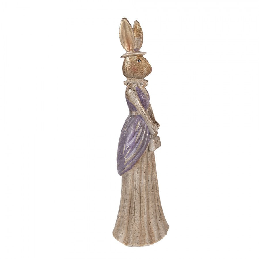 Decoratiune Pasti Doamna Iepuras eleganta cu posetuta, model antichizat, 47 cm