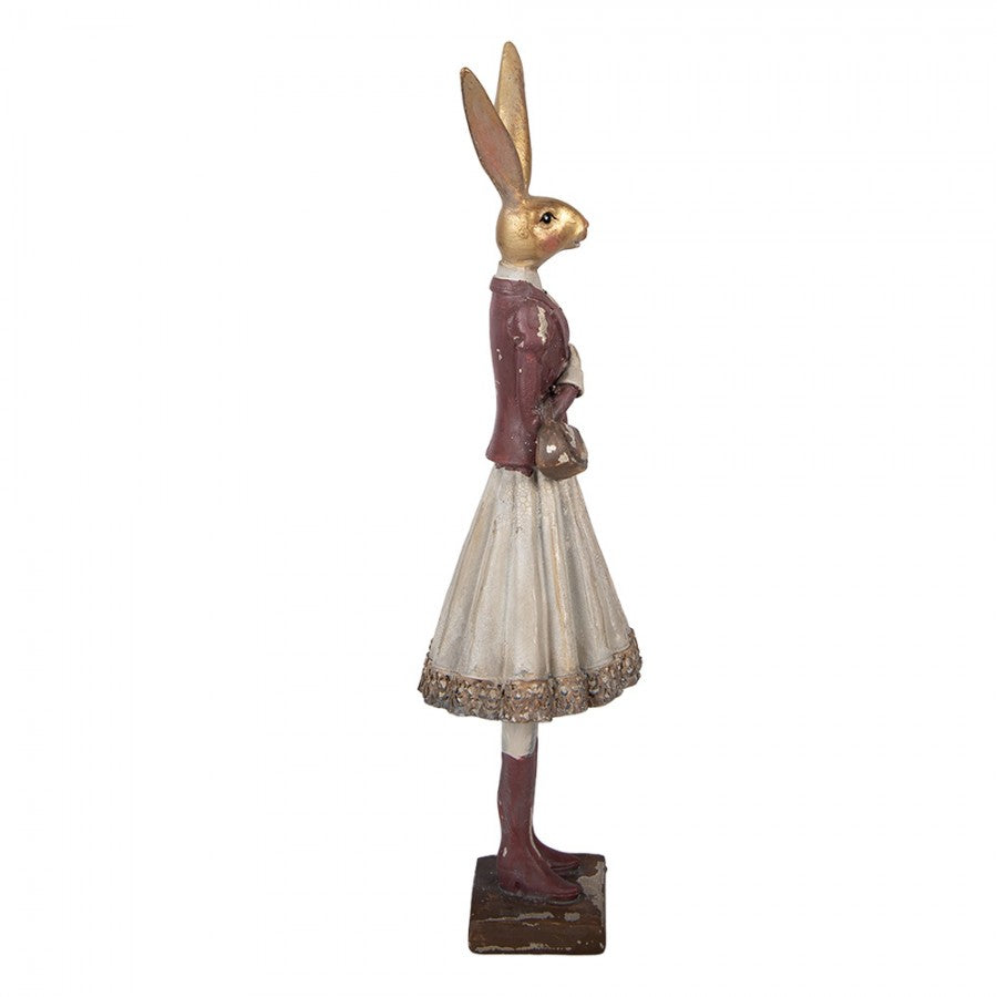 Decoratiune Pasti Domnisoara Iepuras eleganta cu posetuta, model antichizat, 32 cm