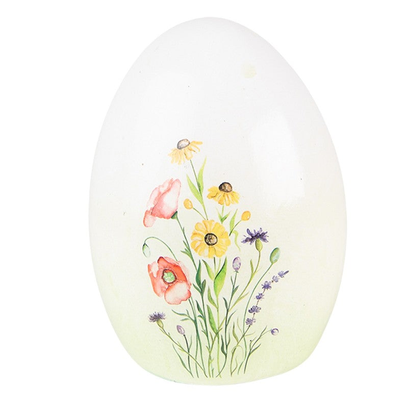 Decoratiune de Paste in forma de ou din ceramica alba cu model floral colorat de paisprezece centimetri inaltime