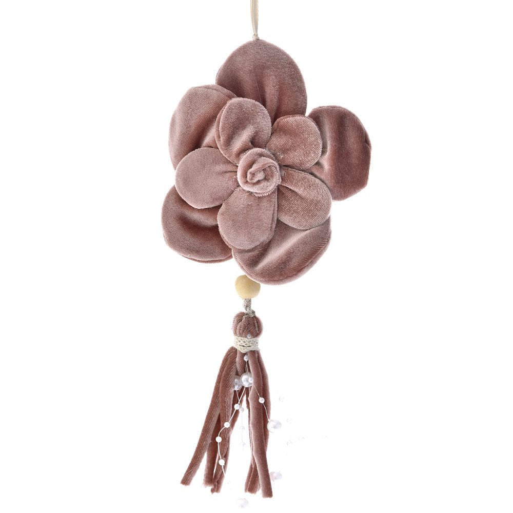 Decoratiune de brad in forma de floare din catifea roz cu ciucure suspendat