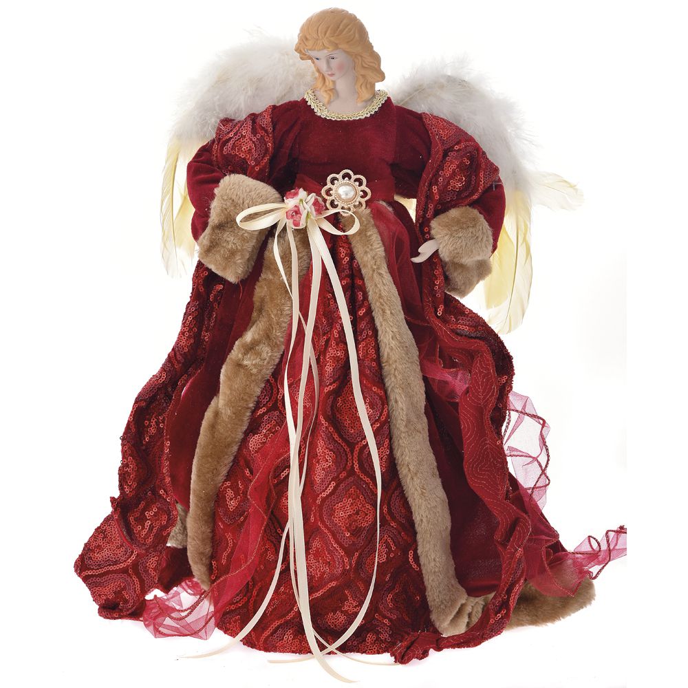 Varf de brad in forma de inger de culoare burgundy cu inaltimea de 45 centimetri pentru decorul de Craciun