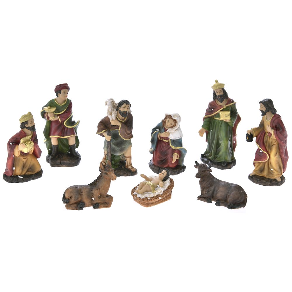 Set de noua figurine din polirasina reprezentand scena Nasterii Domnului cu inaltimi intre sase si paisprezece centimetri