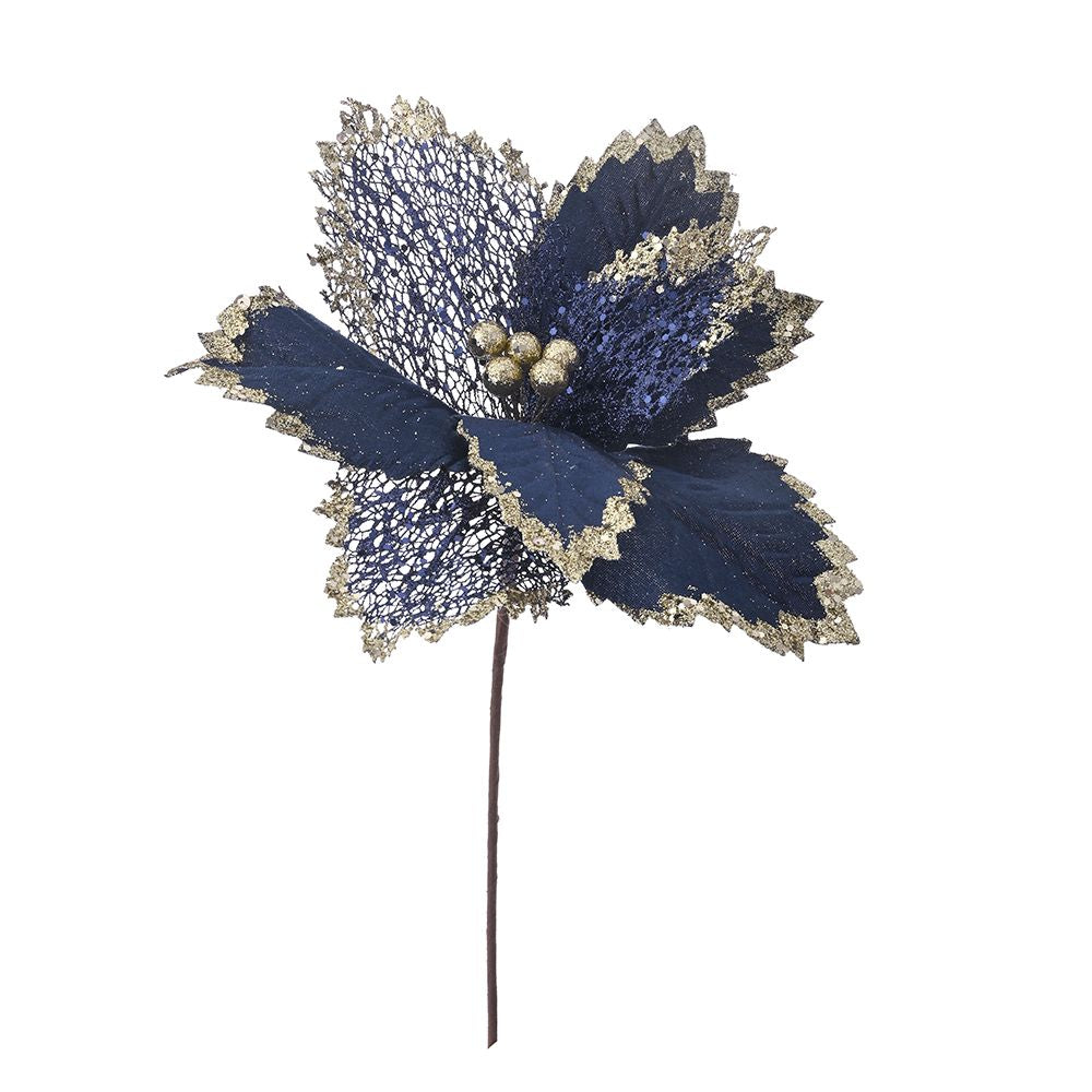 Decoratiune de Craciun in forma de floare mare bleumarin cu detalii stralucitoare din sclipici argintiu pentru brad