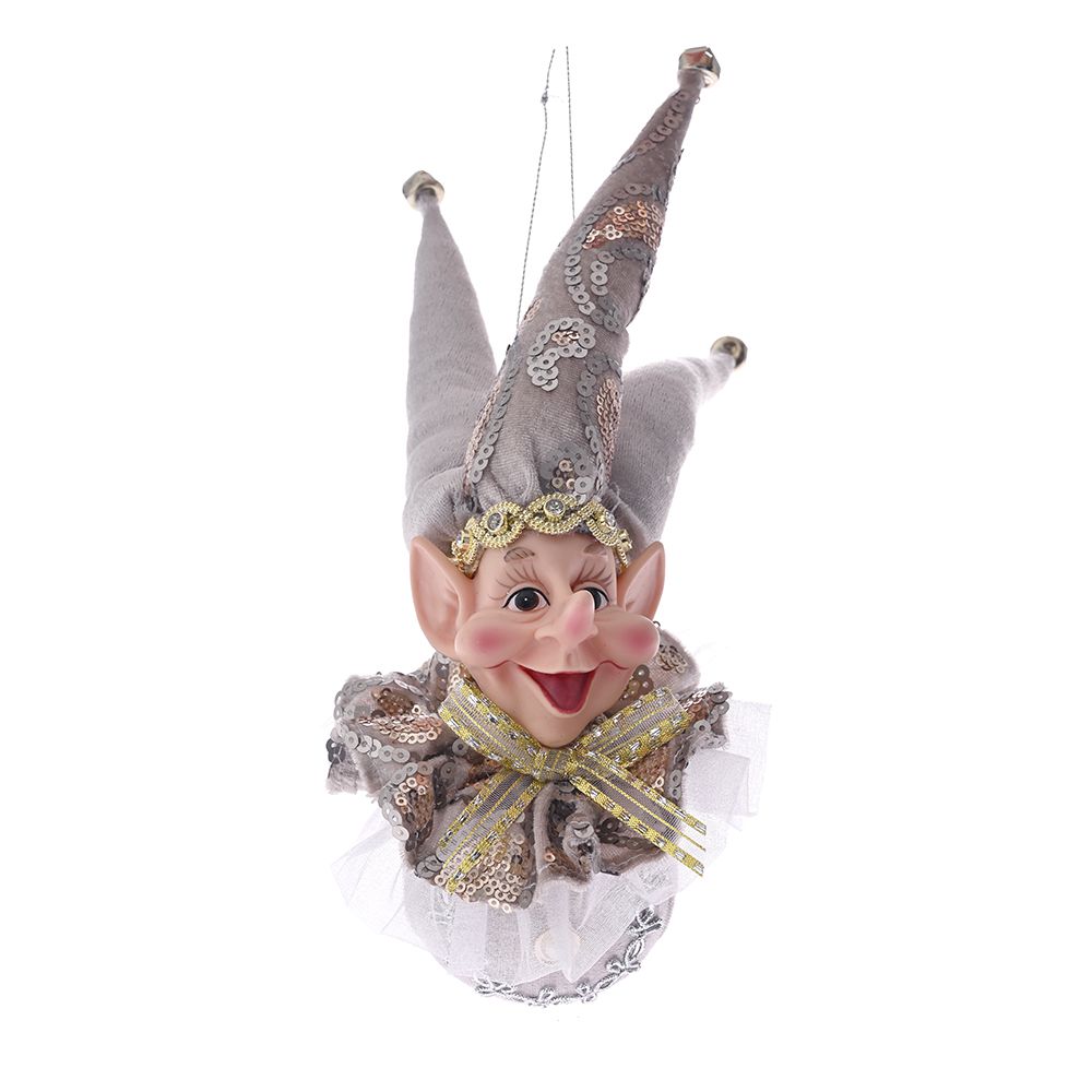 Decoratiune de Craciun in forma de glob cu cap de spiridus de culoare champagne pentru bradul de sarbatori