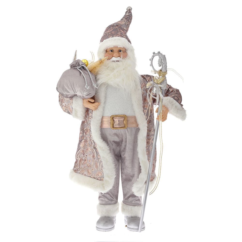 Decoratiune Mos Craciun de mari dimensiuni imbracat in costum elegant de catifea roz champagne pentru decorul de sarbatori