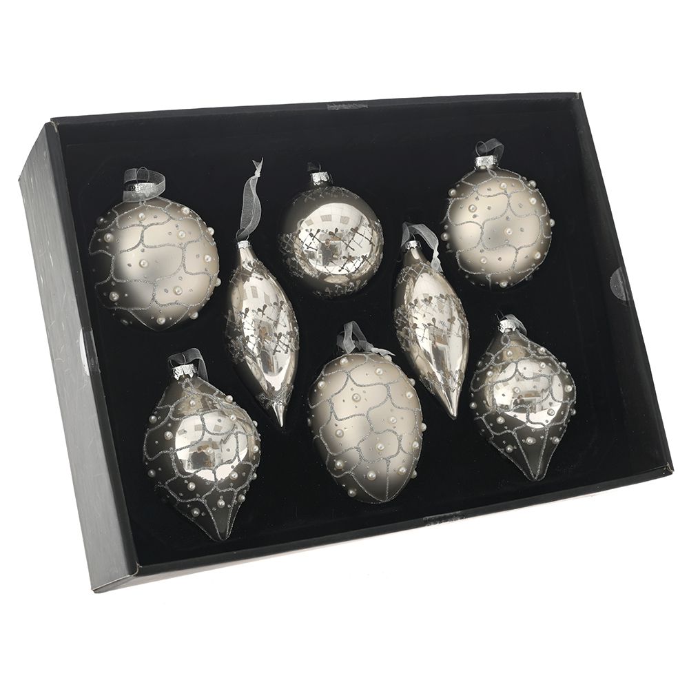 Set de opt globuri rotunde din sticla de culoare argintiu champagne decorate cu sclipici stralucitor pentru bradul de Craciun